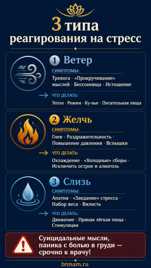 Инфографика: три типа реагирования на стресс в БТМ — Ветер (тревога), Желчь (гнев), Слизь (апатия)