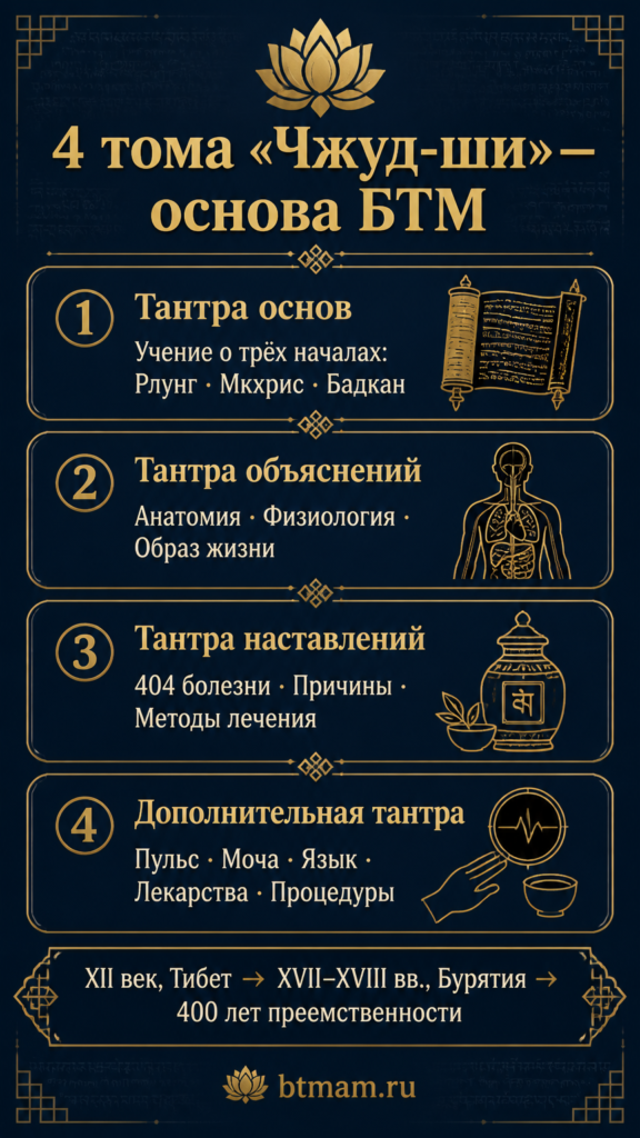 Инфографика: 4 тома трактата «Чжуд-ши» — Тантра основ, Тантра объяснений, Тантра наставлений, Дополнительная тантра