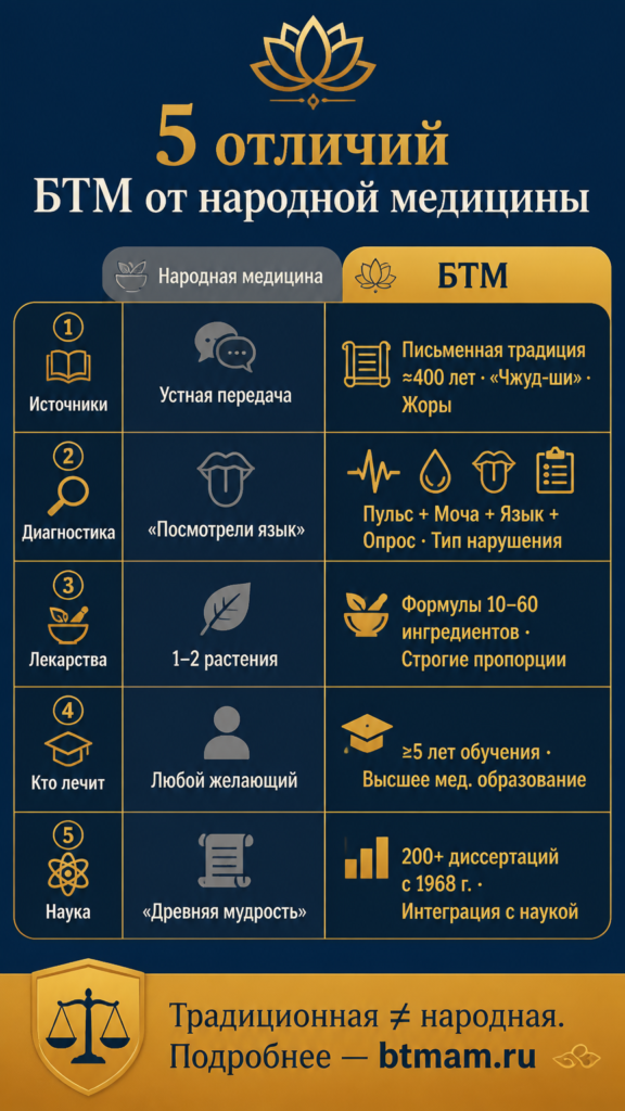 Инфографика: 5 отличий БТМ от народной медицины — источники знаний, диагностика, составы, подготовка врача, отношение к науке