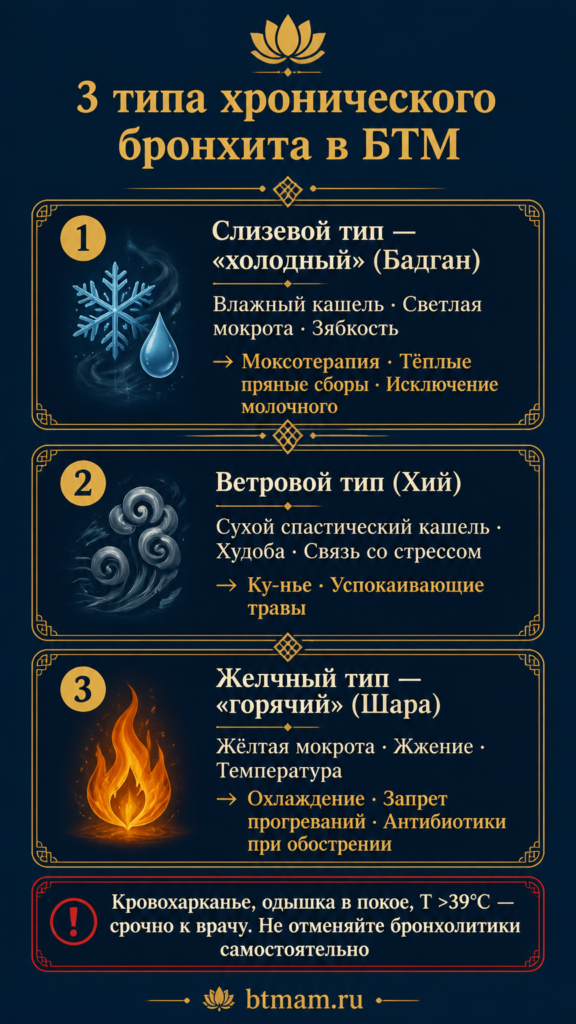 Инфографика: 3 типа хронического бронхита в бурятской традиционной медицине — слизевой (холодный), ветровой (сухой спастический), желчный (горячий)