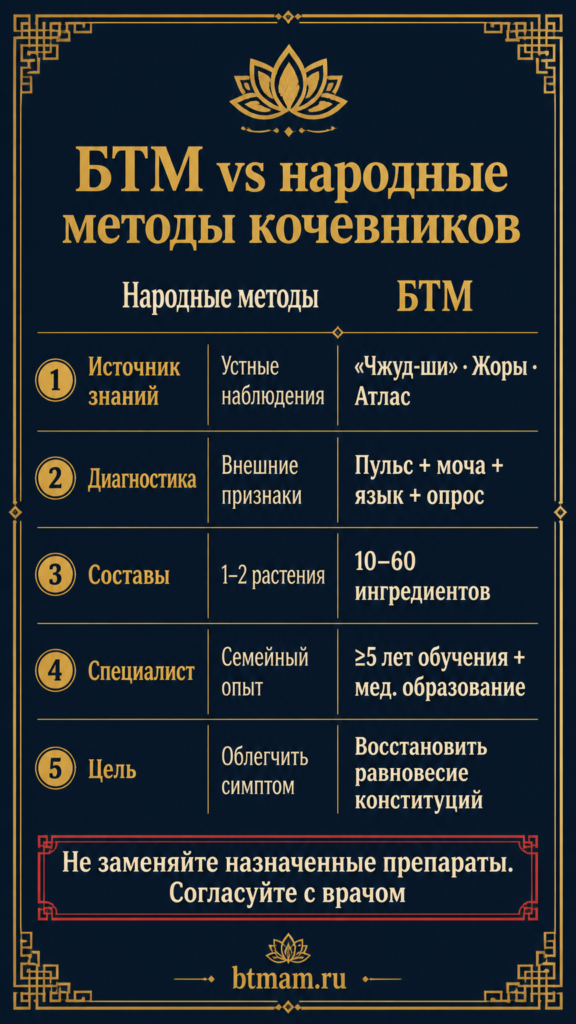 Инфографика: 5 отличий БТМ от народных методов кочевников — источник знаний, диагностика, составы, специалист, цель
