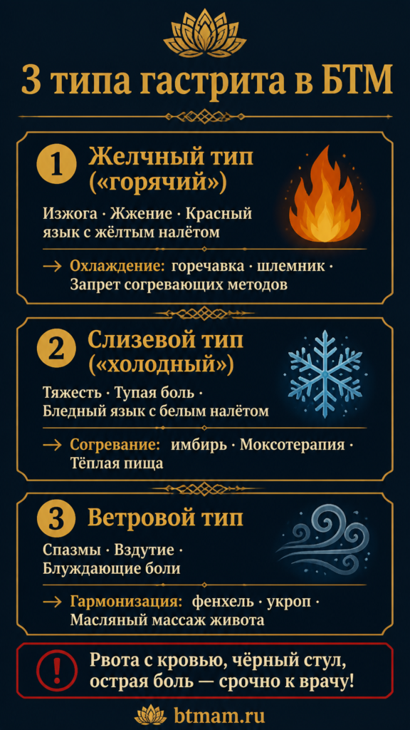 Инфографика: 3 типа гастрита в БТМ — желчный «горячий», слизевой «холодный», ветровой со спазмами
