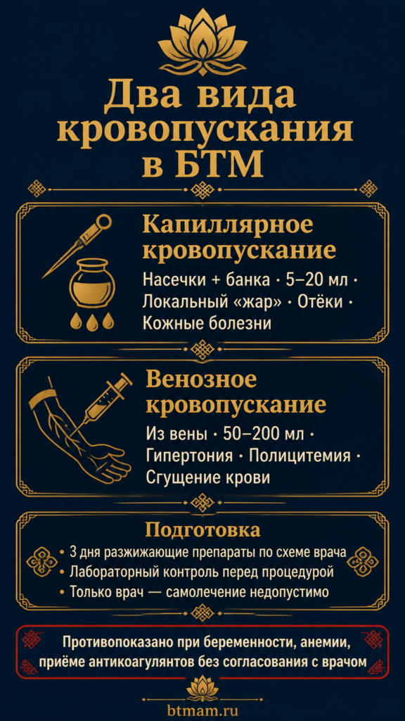 Инфографика: два вида кровопускания в БТМ — капиллярное (5–20 мл) и венозное (50–200 мл), показания и подготовка