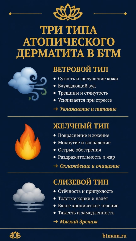Три типа атопического дерматита в БТМ: ветровой, желчный, слизевой — признаки и тактика коррекции