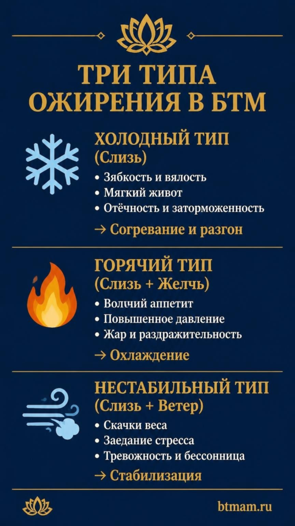 Три типа ожирения в БТМ: холодный (Слизь), горячий (Слизь+Желчь), нестабильный (Слизь+Ветер) — признаки и тактика коррекции