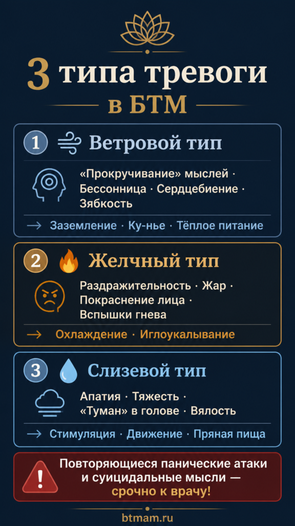 Инфографика: три типа тревоги в БТМ — ветровой, желчный, слизевой — и их проявления
