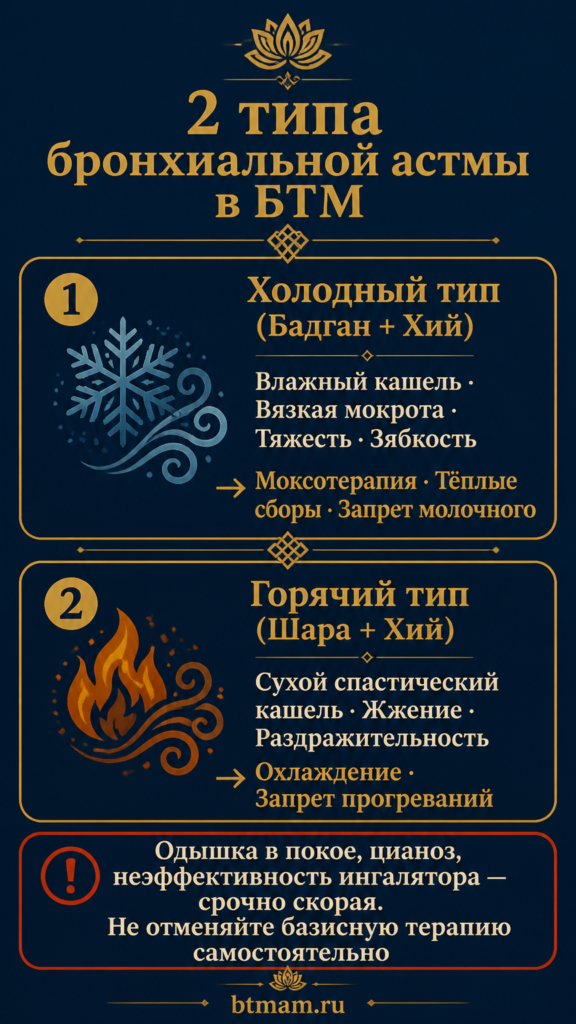 Инфографика: 2 типа бронхиальной астмы в БТМ — холодный (слизево-ветровой) и горячий (желчно-ветровой) — признаки и тактика