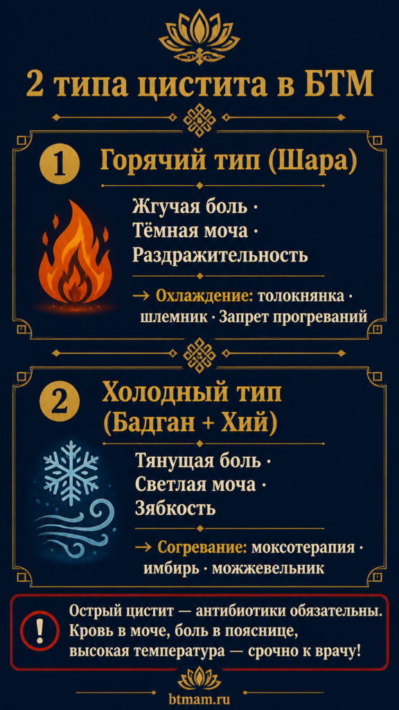 Инфографика: 2 типа цистита в БТМ — горячий (Желчь) и холодный (Слизь и Ветер) — признаки и тактика