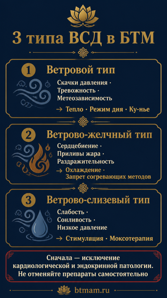 Инфографика: 3 типа вегетососудистой дистонии в БТМ — чисто ветровой, ветрово-желчный, ветрово-слизевый